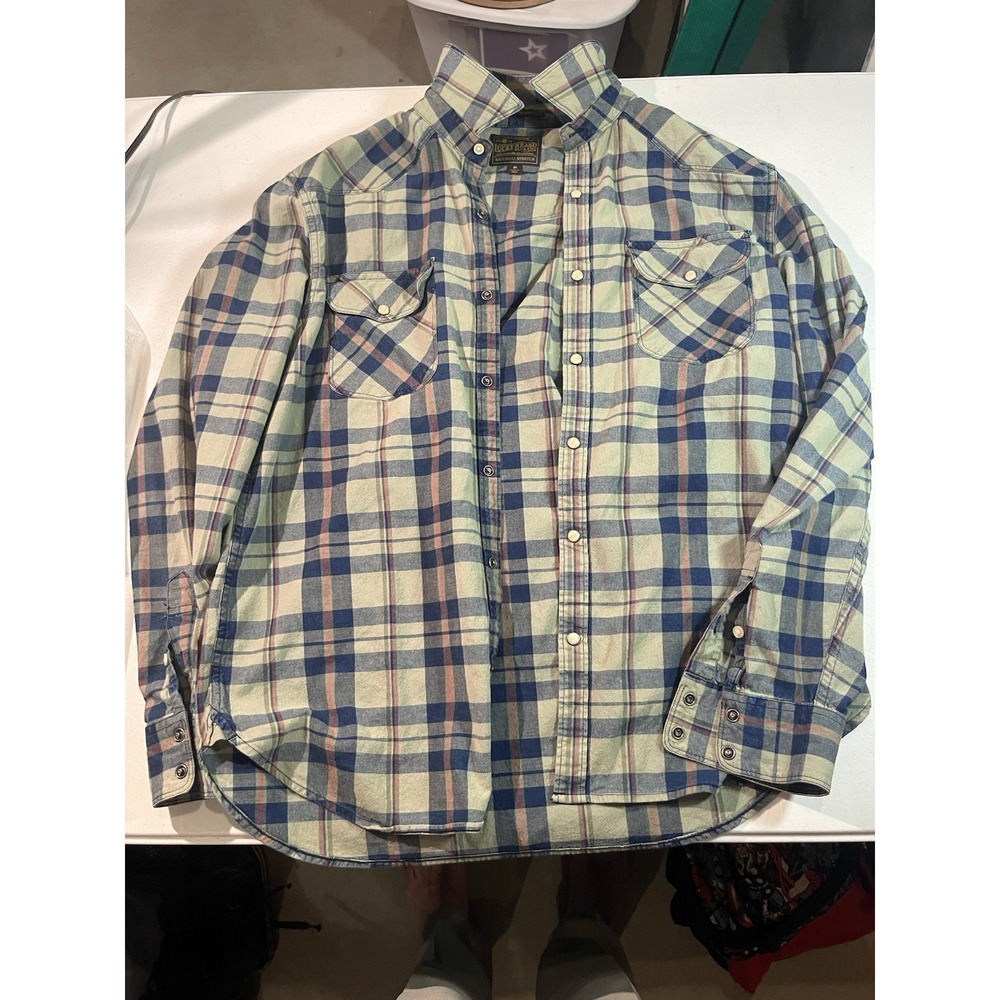 Lucky Brand Men's Medium Saturday Stretch Plaid  Shirt Long Sleeve Pearl Snap‎